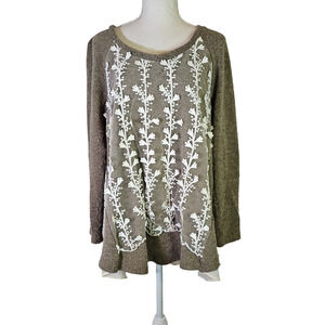 Ryu Women's Sweater Pleated Hem Size L Lace Floral Taupe Beige Feminine Girly
